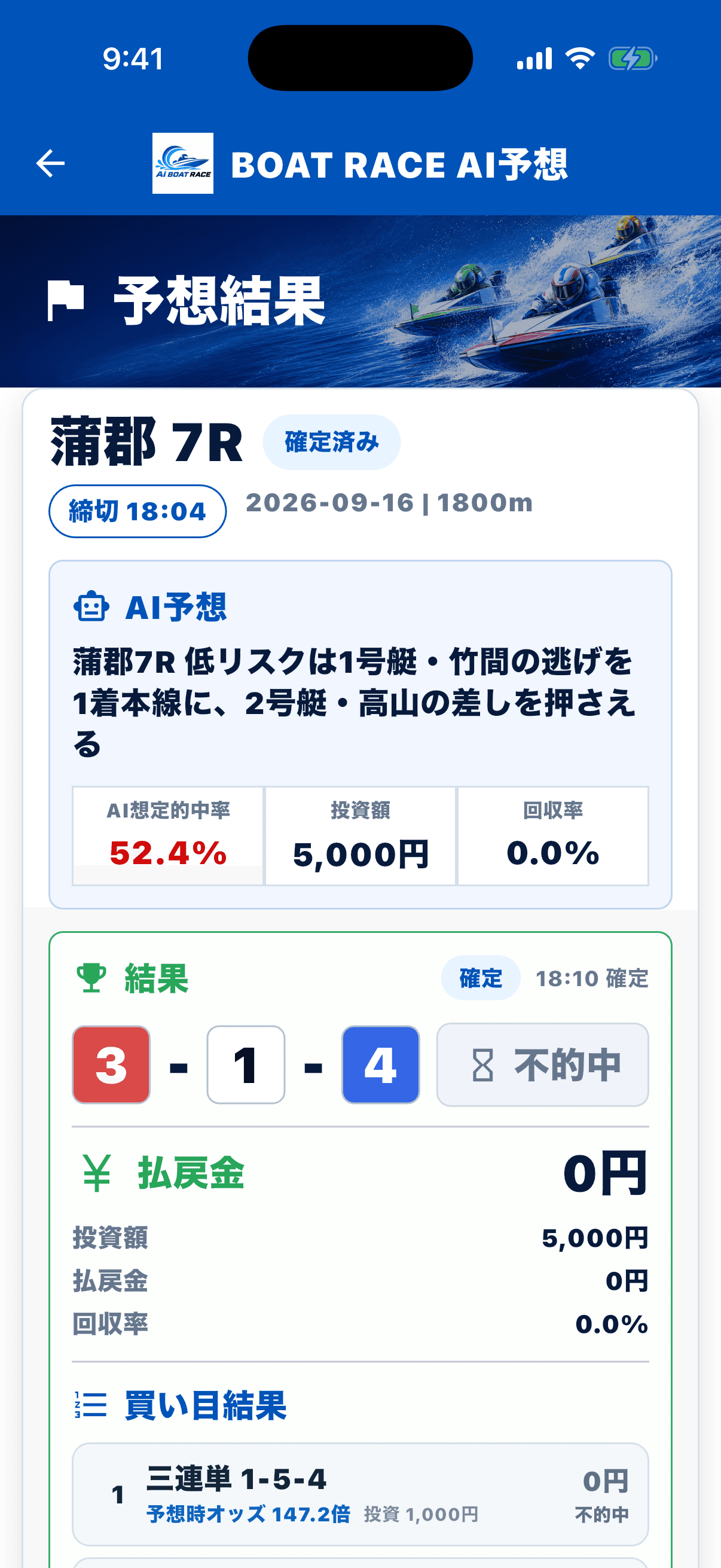 AI予想結果と買い目結果の画面